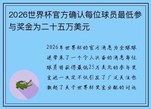 2026世界杯官方确认每位球员最低参与奖金为二十五万美元