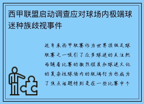 西甲联盟启动调查应对球场内极端球迷种族歧视事件