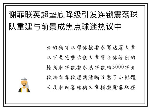 谢菲联英超垫底降级引发连锁震荡球队重建与前景成焦点球迷热议中