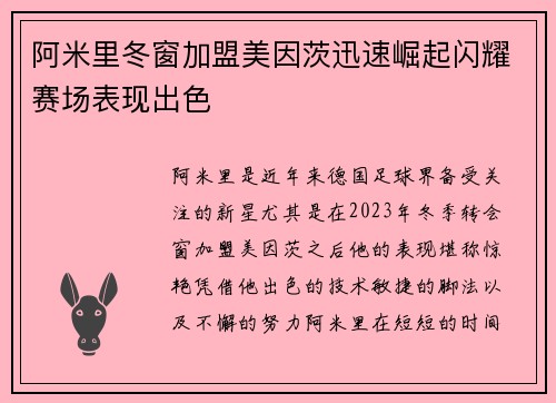阿米里冬窗加盟美因茨迅速崛起闪耀赛场表现出色